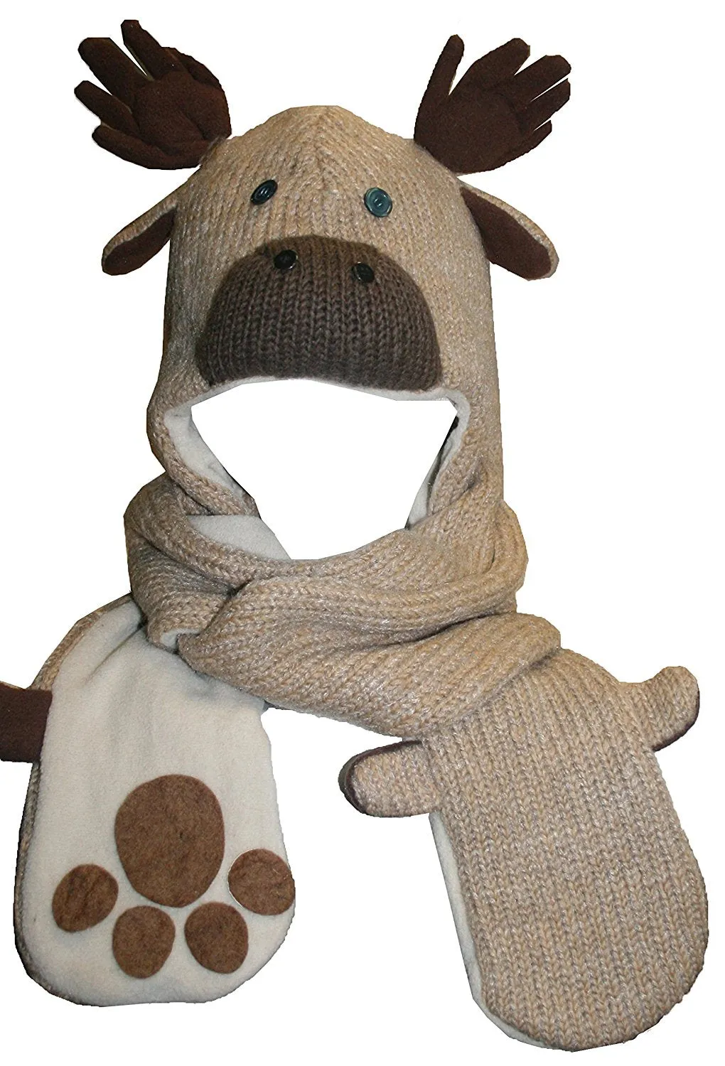 Animal Hat Combo Winter Fleece Headwear with Long Scarf and Mitten