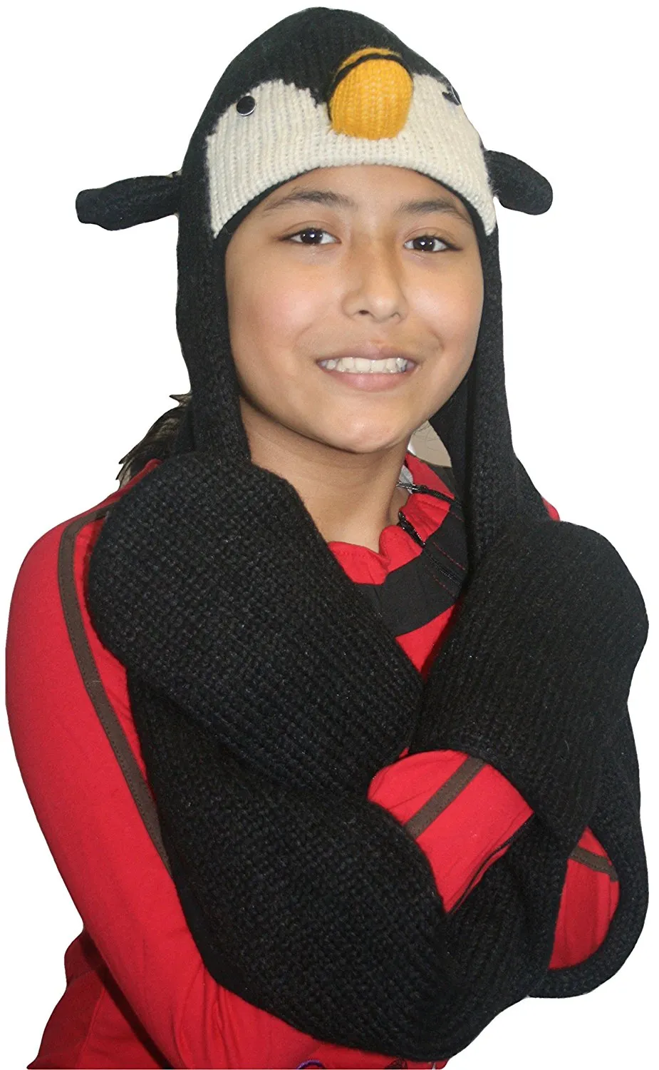 Animal Hat Combo Winter Fleece Headwear with Long Scarf and Mitten