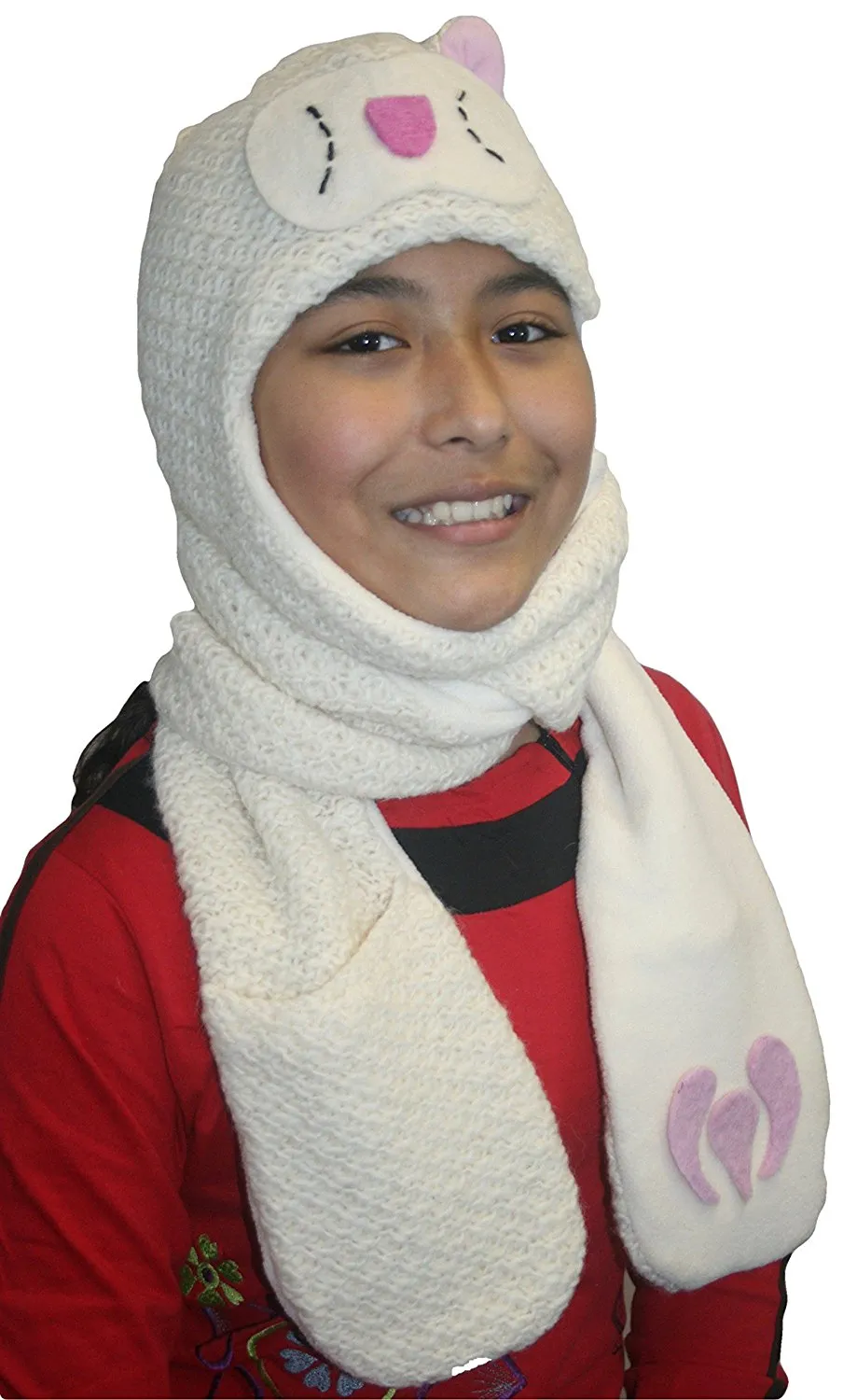 Animal Hat Combo Winter Fleece Headwear with Long Scarf and Mitten