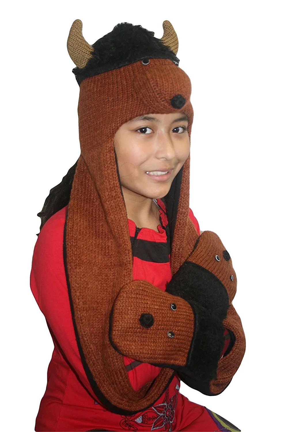 Animal Hat Combo Winter Fleece Headwear with Long Scarf and Mitten