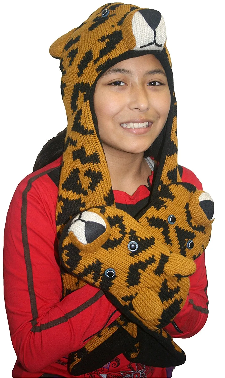 Animal Hat Combo Winter Fleece Headwear with Long Scarf and Mitten