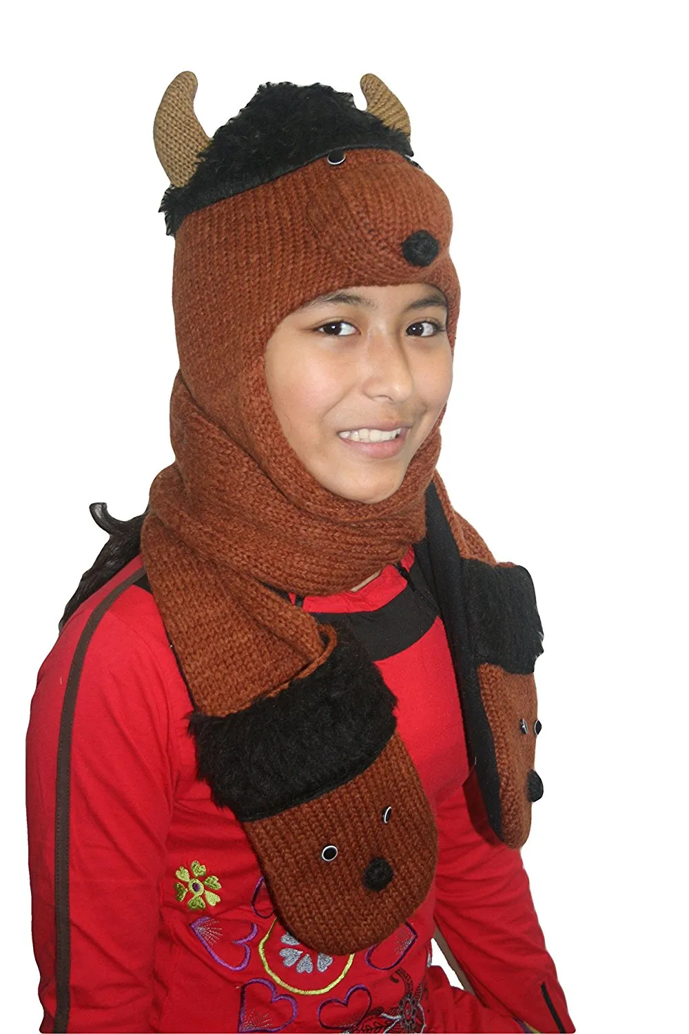 Animal Hat Combo Winter Fleece Headwear with Long Scarf and Mitten