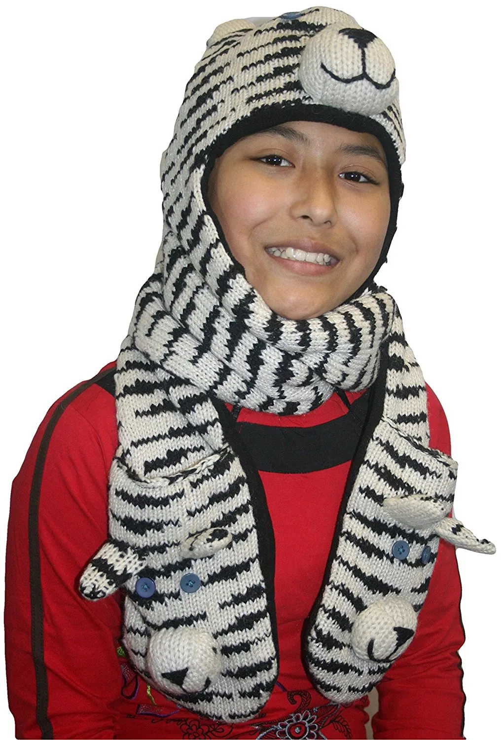 Animal Hat Combo Winter Fleece Headwear with Long Scarf and Mitten