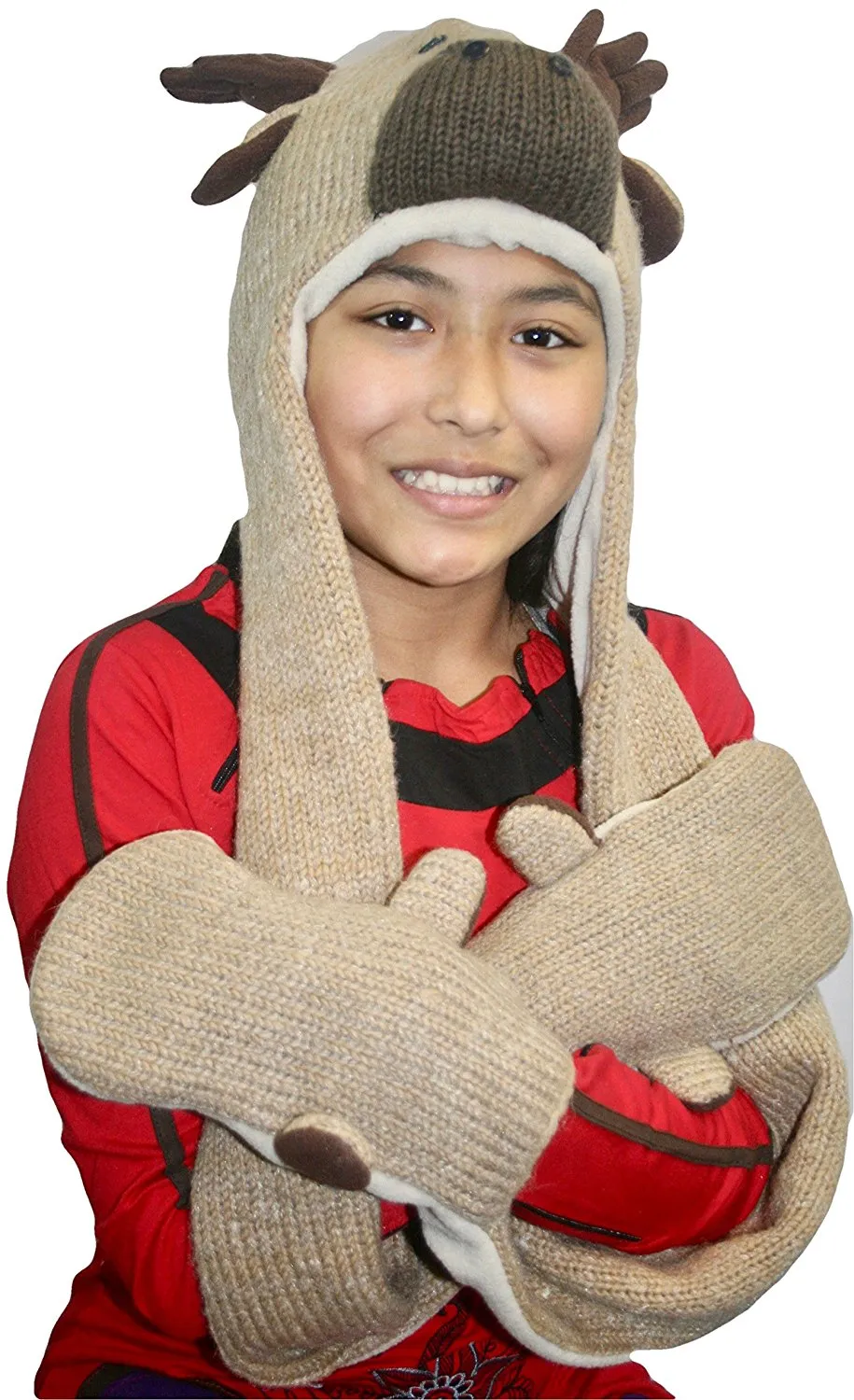 Animal Hat Combo Winter Fleece Headwear with Long Scarf and Mitten