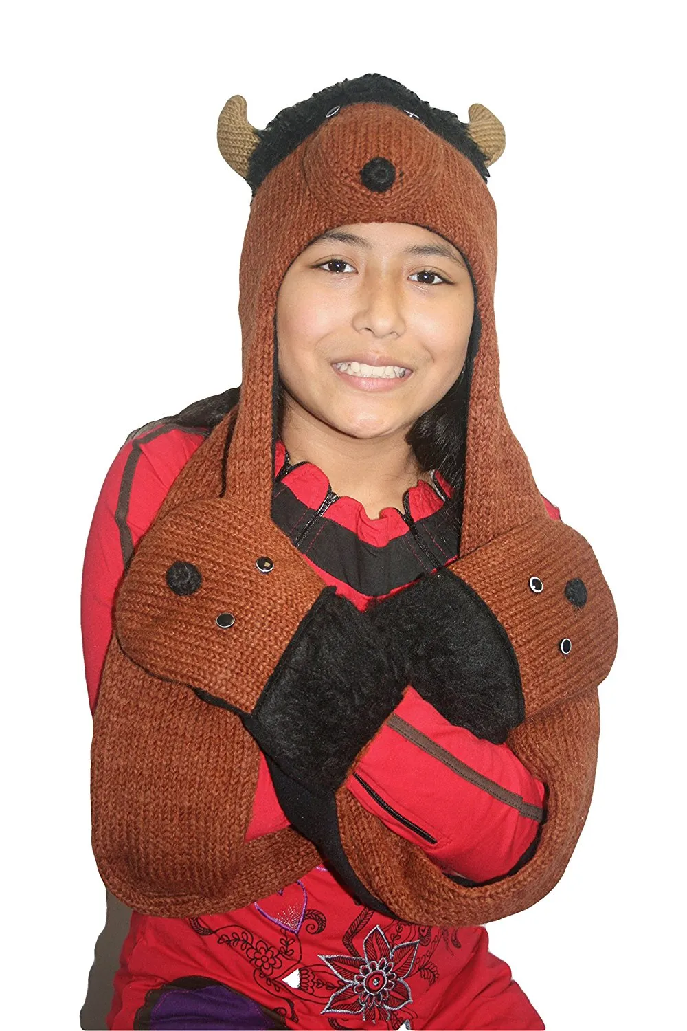 Animal Hat Combo Winter Fleece Headwear with Long Scarf and Mitten