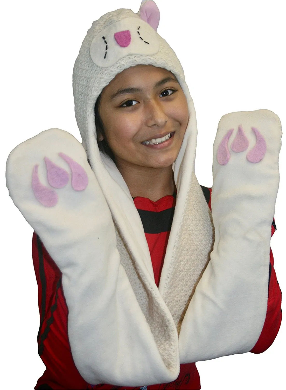 Animal Hat Combo Winter Fleece Headwear with Long Scarf and Mitten