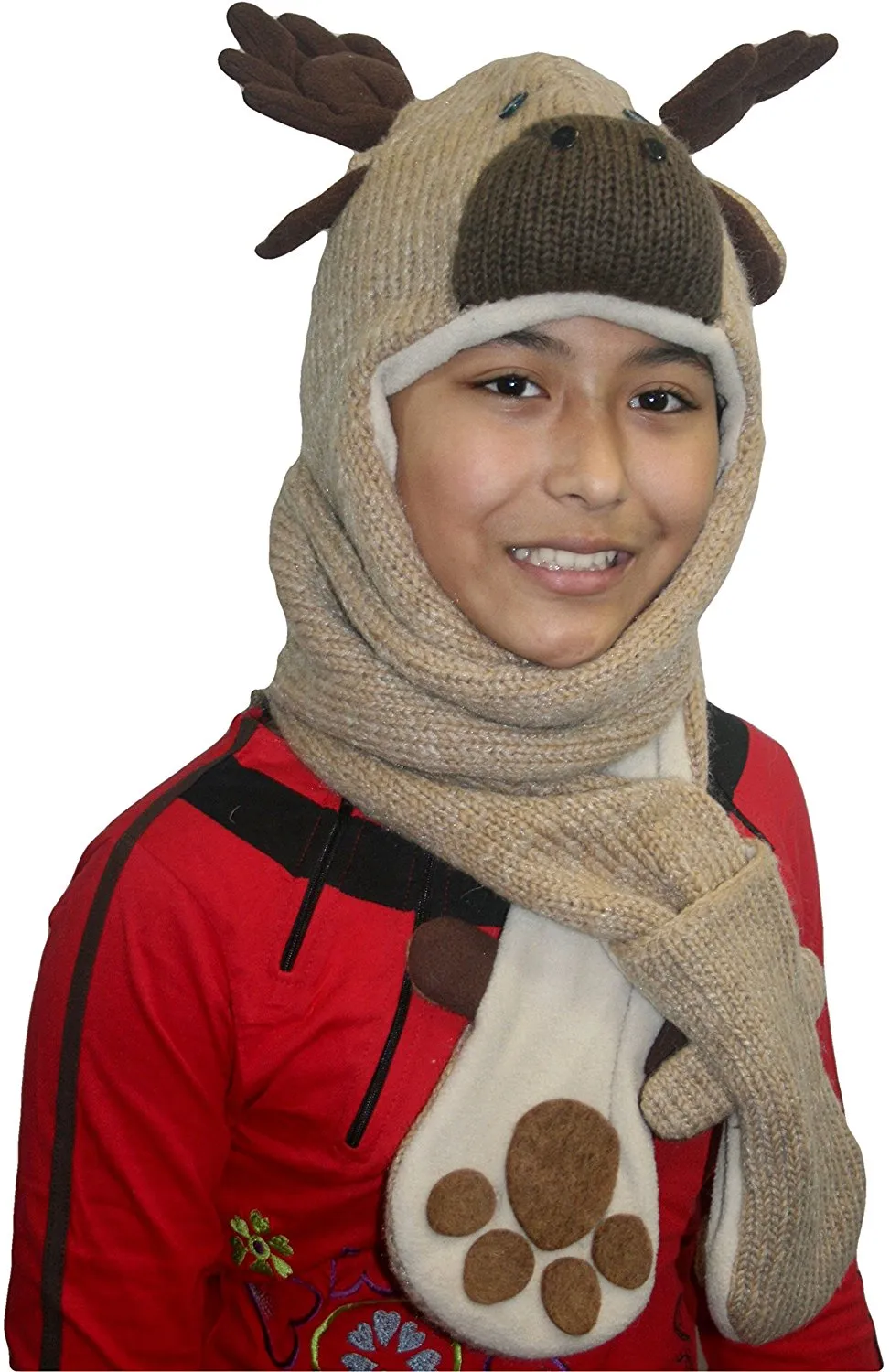 Animal Hat Combo Winter Fleece Headwear with Long Scarf and Mitten