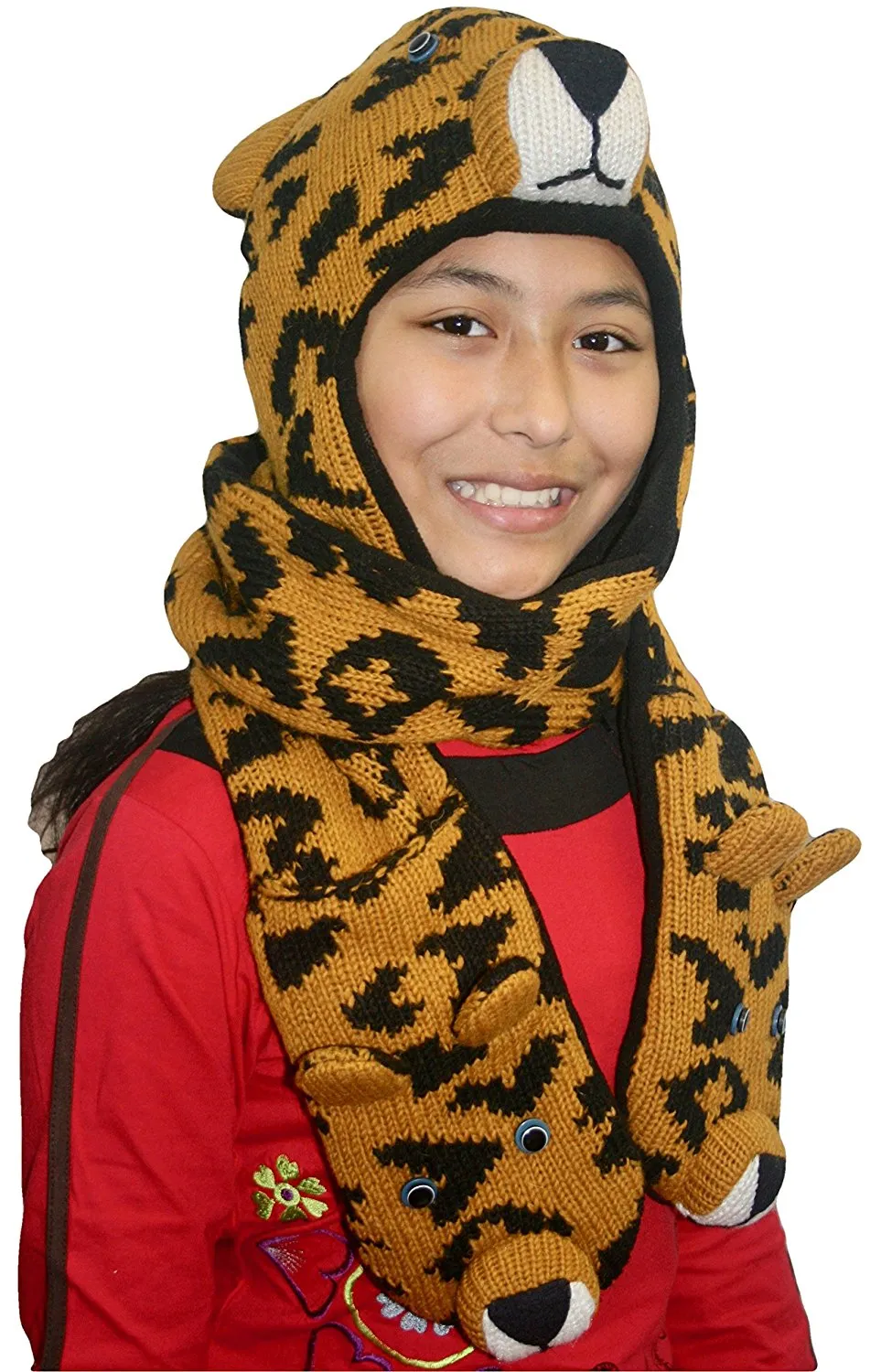 Animal Hat Combo Winter Fleece Headwear with Long Scarf and Mitten
