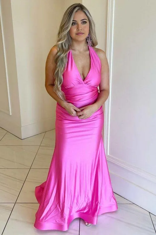 Halter Sleeveless Ruched Satin Mermaid Prom Dress V-neck Bodycon Long Party Dress