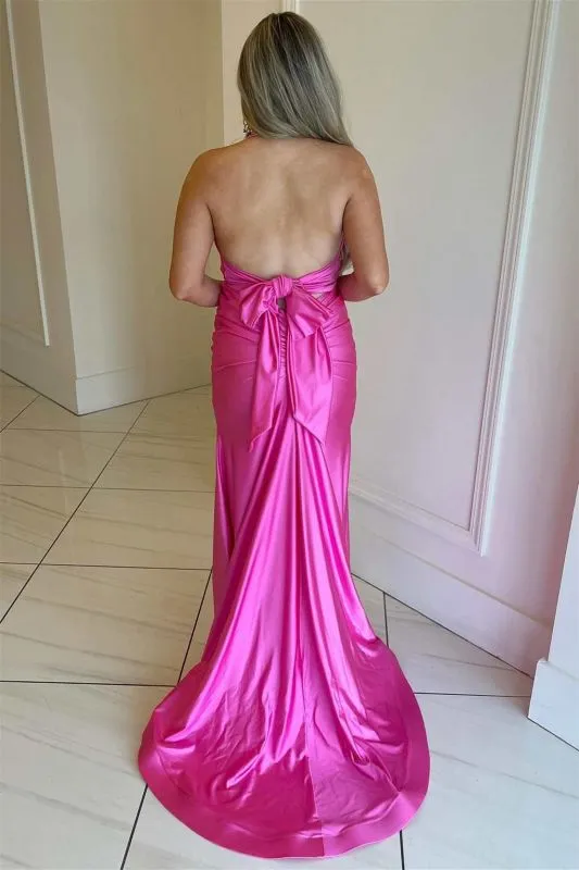 Halter Sleeveless Ruched Satin Mermaid Prom Dress V-neck Bodycon Long Party Dress
