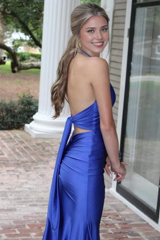 Halter Sleeveless Ruched Satin Mermaid Prom Dress V-neck Bodycon Long Party Dress
