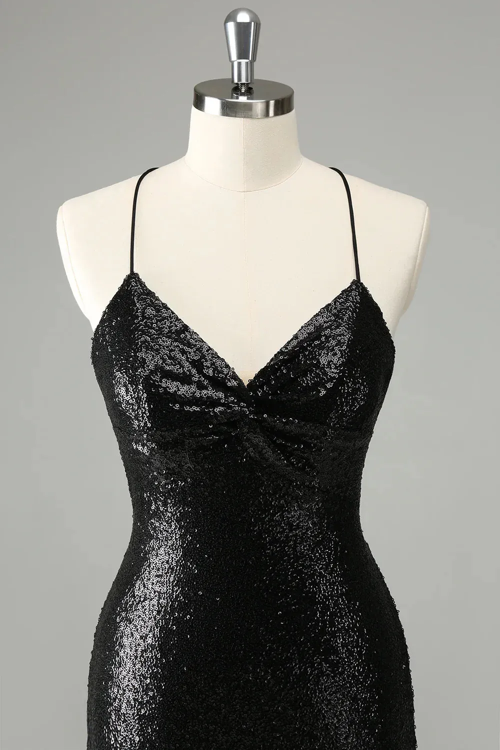 Homecoming Dress Black Bodycon Spaghetti Straps Sequins with Lace-up Back