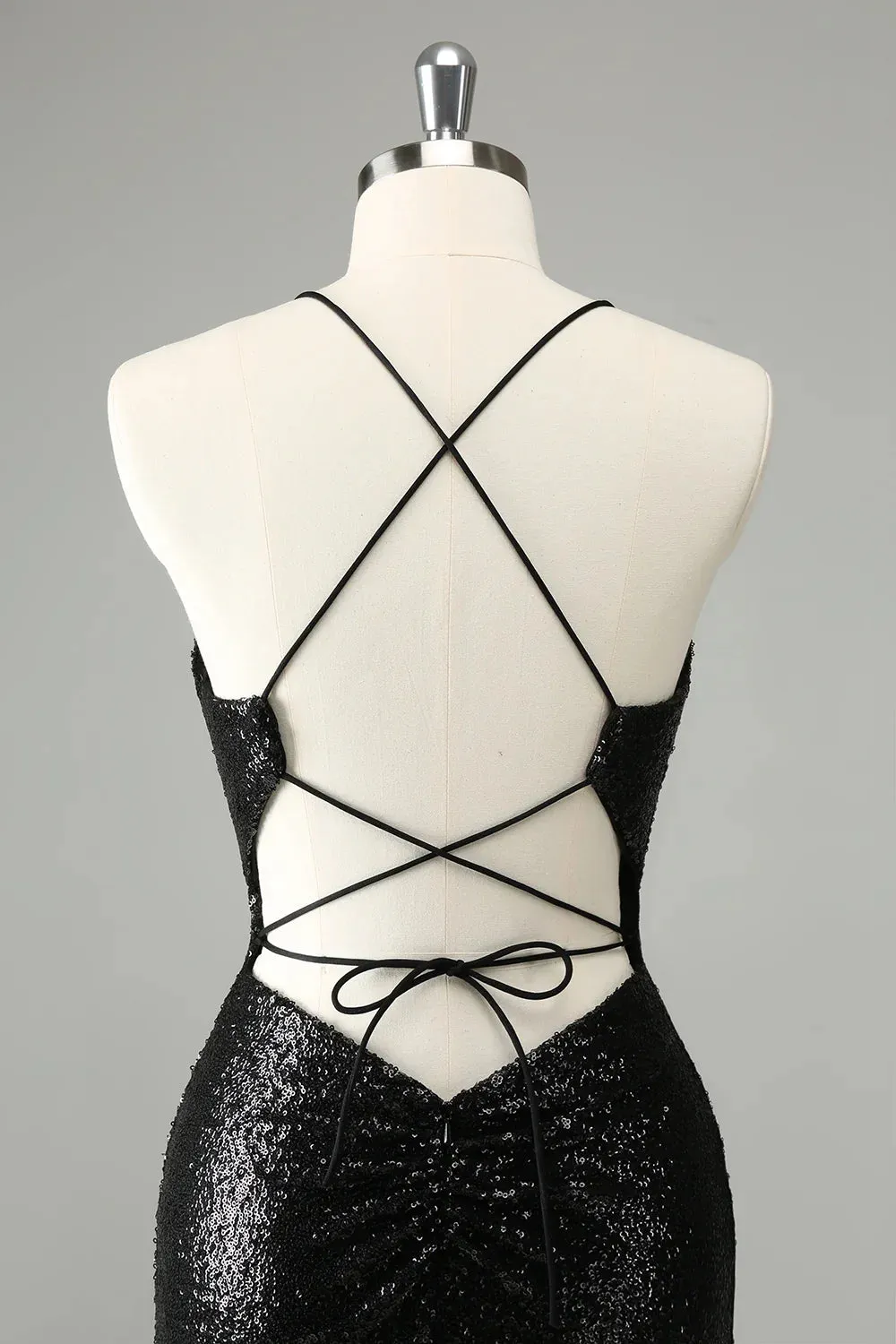 Homecoming Dress Black Bodycon Spaghetti Straps Sequins with Lace-up Back