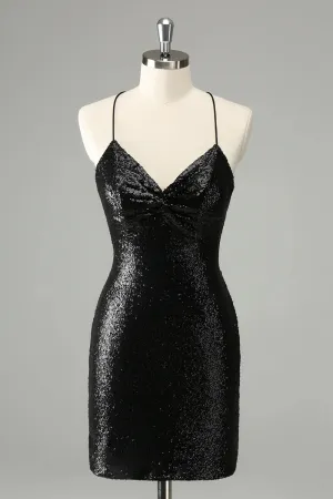 Homecoming Dress Black Bodycon Spaghetti Straps Sequins with Lace-up Back