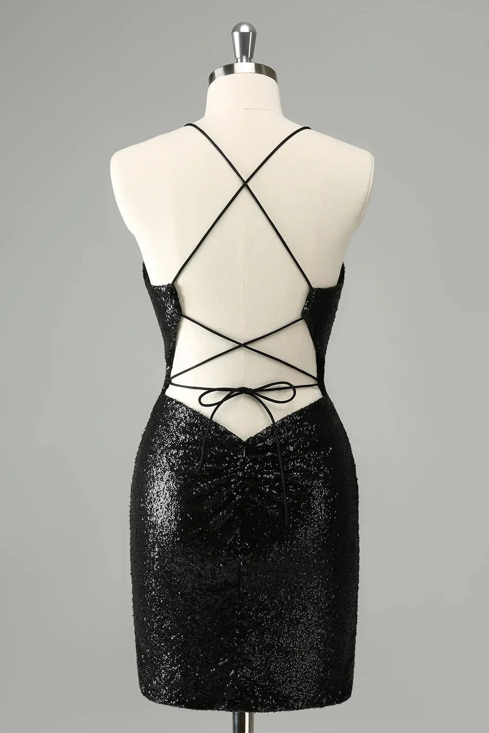 Homecoming Dress Black Bodycon Spaghetti Straps Sequins with Lace-up Back