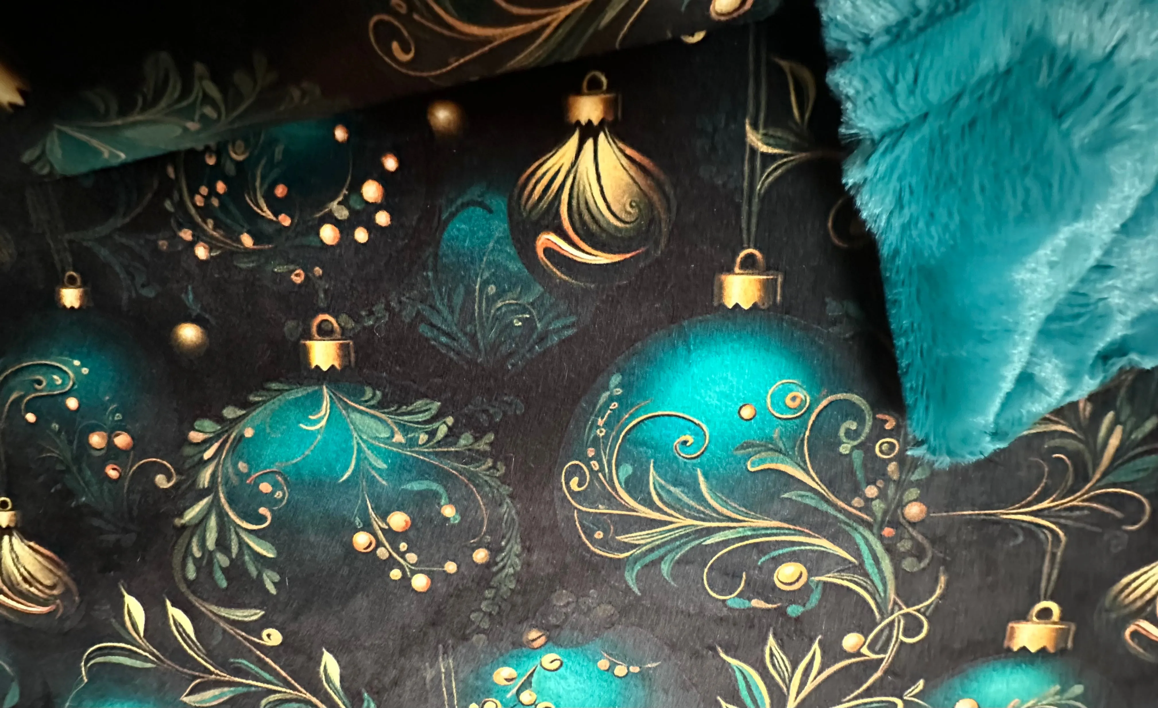 Teal and Gold Christmas Ornaments X-Wide Large 61x77 Spoonflower Quality Minky Blanket with 15x24 Pillcase